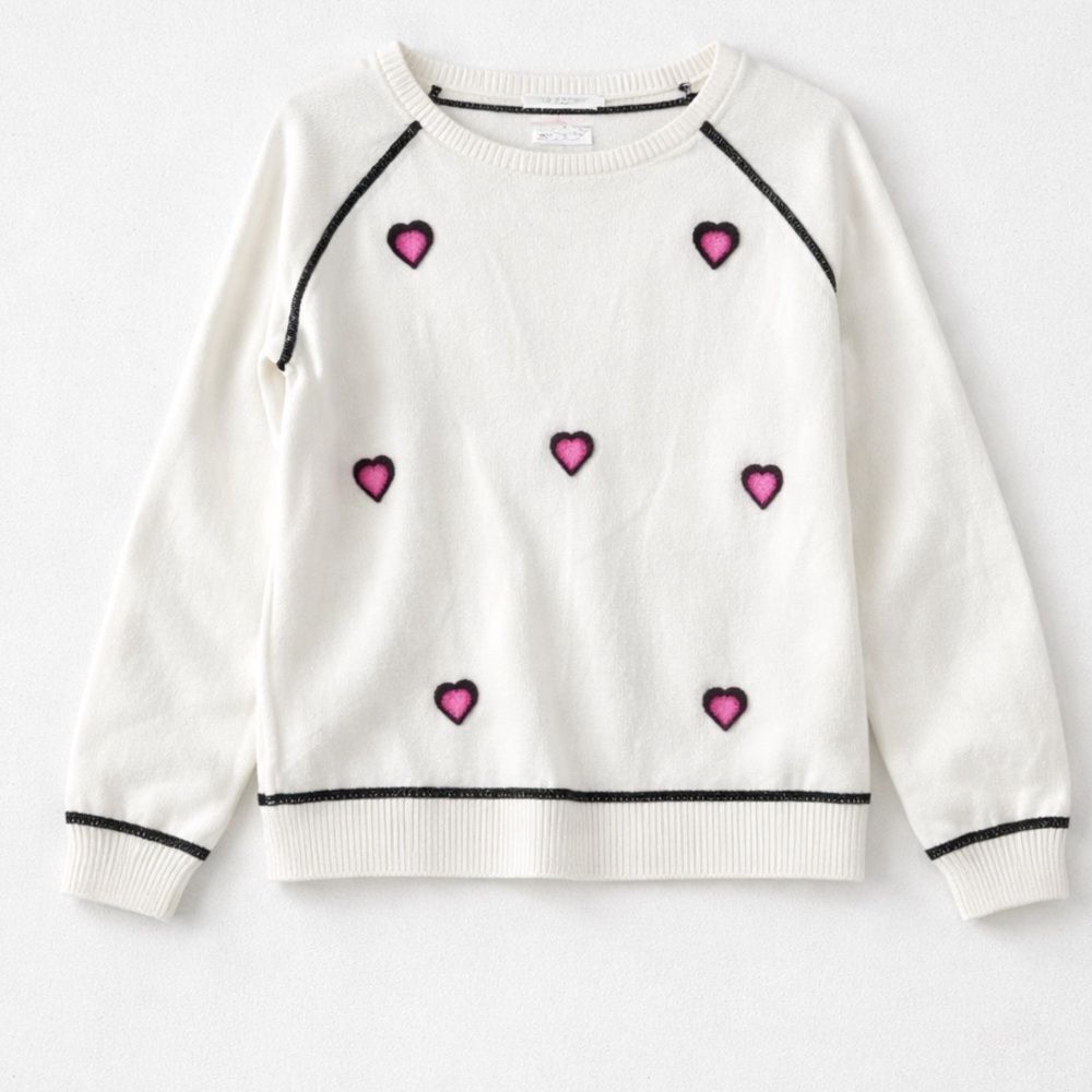 Hanna Andersson white sweater with black and pink heart appliqués EUC size 5